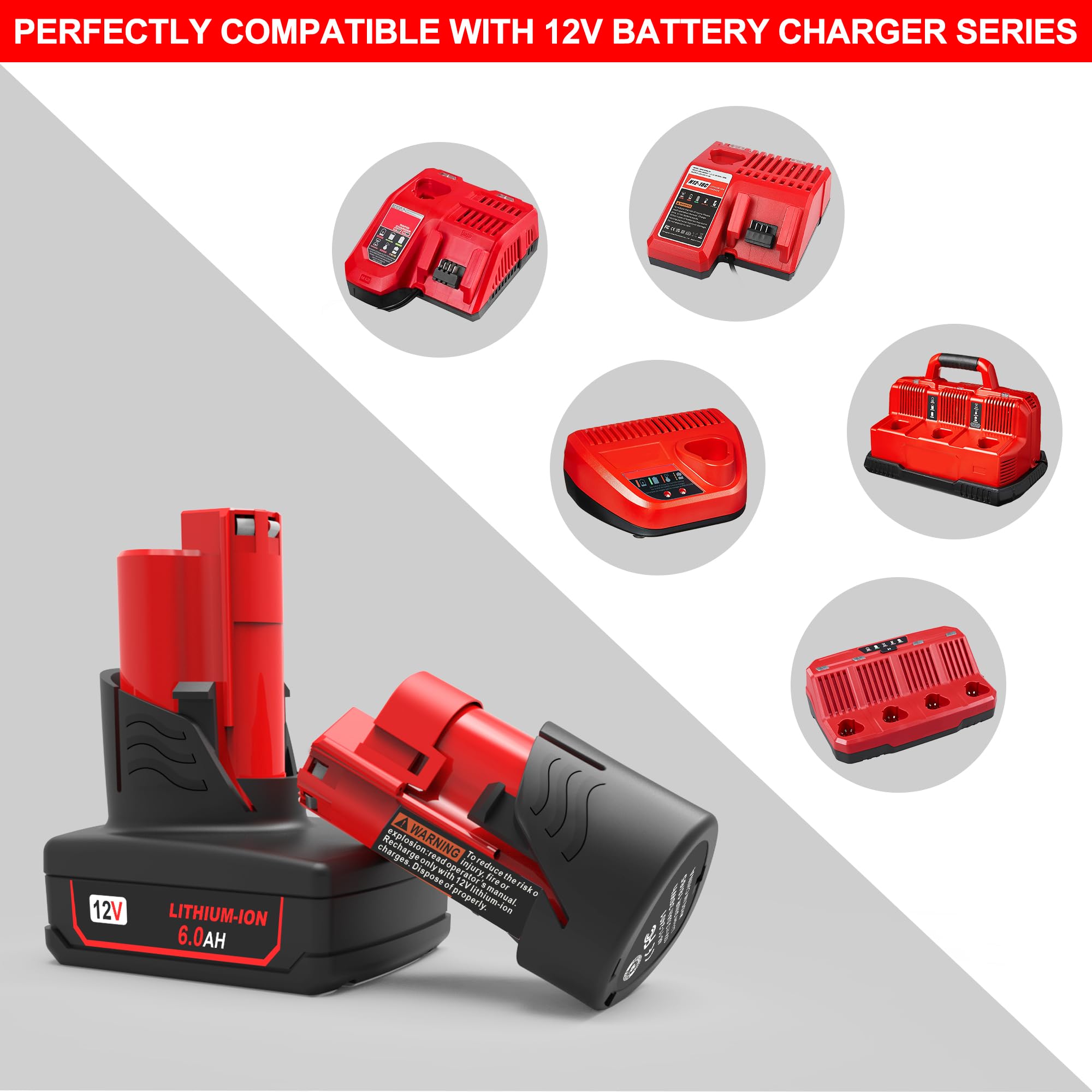 WORTHMAH Replacement for Milwaukee M12 Lithium-ion Battery 2 Packs 6.0Ah and 3.0Ah, for 48-11-2460 48-11-2440 Compatible with Milwaukee 12 Volt Cordless Tools