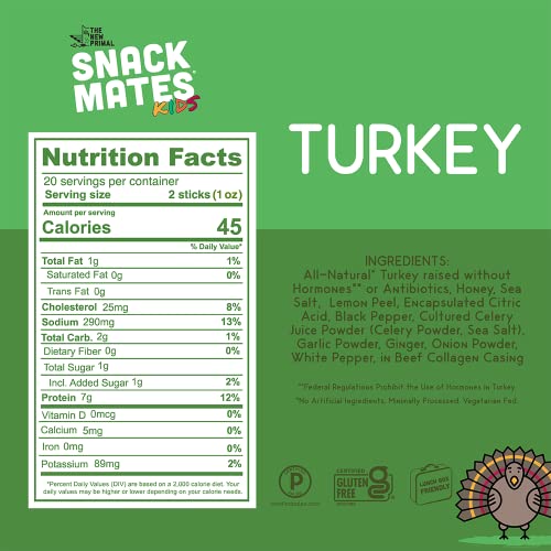 The New Primal Snack Mates Turkey Sticks, Gluten Free Healthy Snacks for Kids, Low Sugar High Protein Kids Snack for School, Mini Paleo Jerky Meat Stick, 7g Protein, 45 Calories, 10 Pack