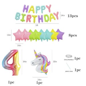 Large number 4 balloon 4th birthday unicorn birthday decorations for girls party decorations Rainbow Balloons 4 year old birthday decorations