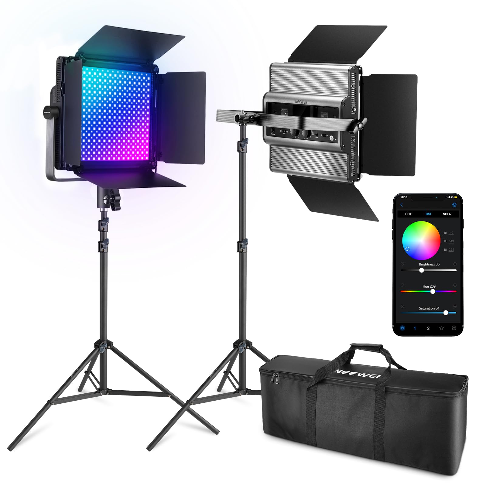 NEEWER 2 Pack RGB1200 LED Video Light with APP/2.4G Control, 60W Photography Video Lighting Kit with Stands & Bag, 22000Lux@0.5m/1% Precise Min Dimming/360° RGB/ CRI97+/TLCI98+/2500K-8500K/18 Effects