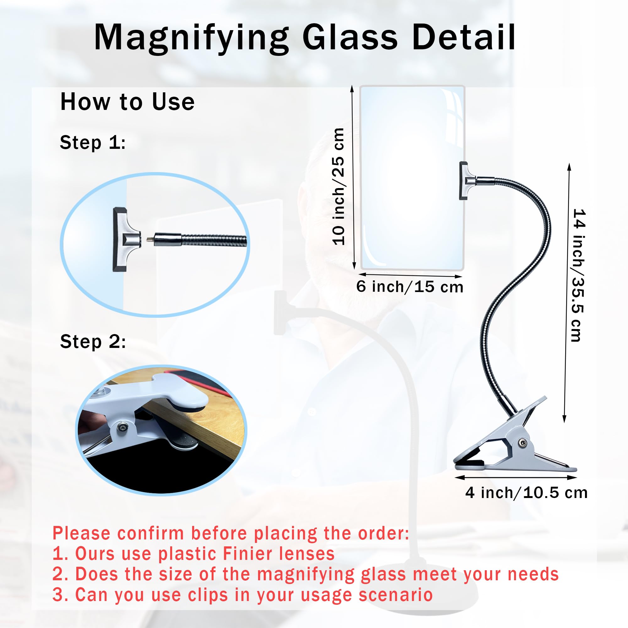 10"x6" Magnifying Glass with Clip Computer Screen Plastic Hands Free Large Magnifier for Low Vision Seniors, 4X Full Page Magnifying Glass with Flexible Gooseneck for Reading Books, Sewing, Crafts