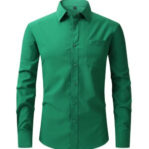 corfty Men Long Sleeve Dress Shirt - Regular Fit Stretch Free-Wrinkle Casual Button Down Shirt (Grass Green, XX-Large)