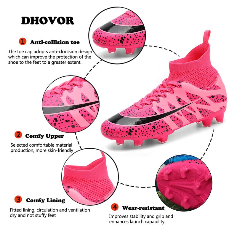 DHOVOR Womens Soccer Cleats Youth Football Cleats High-Top Athletics Football Trainers Outdoor and Indoor Soccer Shoes Pink