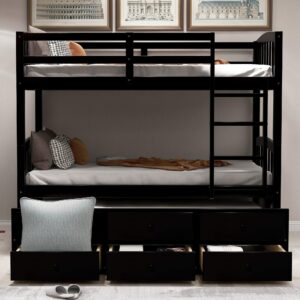 merax twin bunk bed with ladder, safety rail, twin trundle bed with 3 drawers for teens bedroom, guest room furniture(espresso)