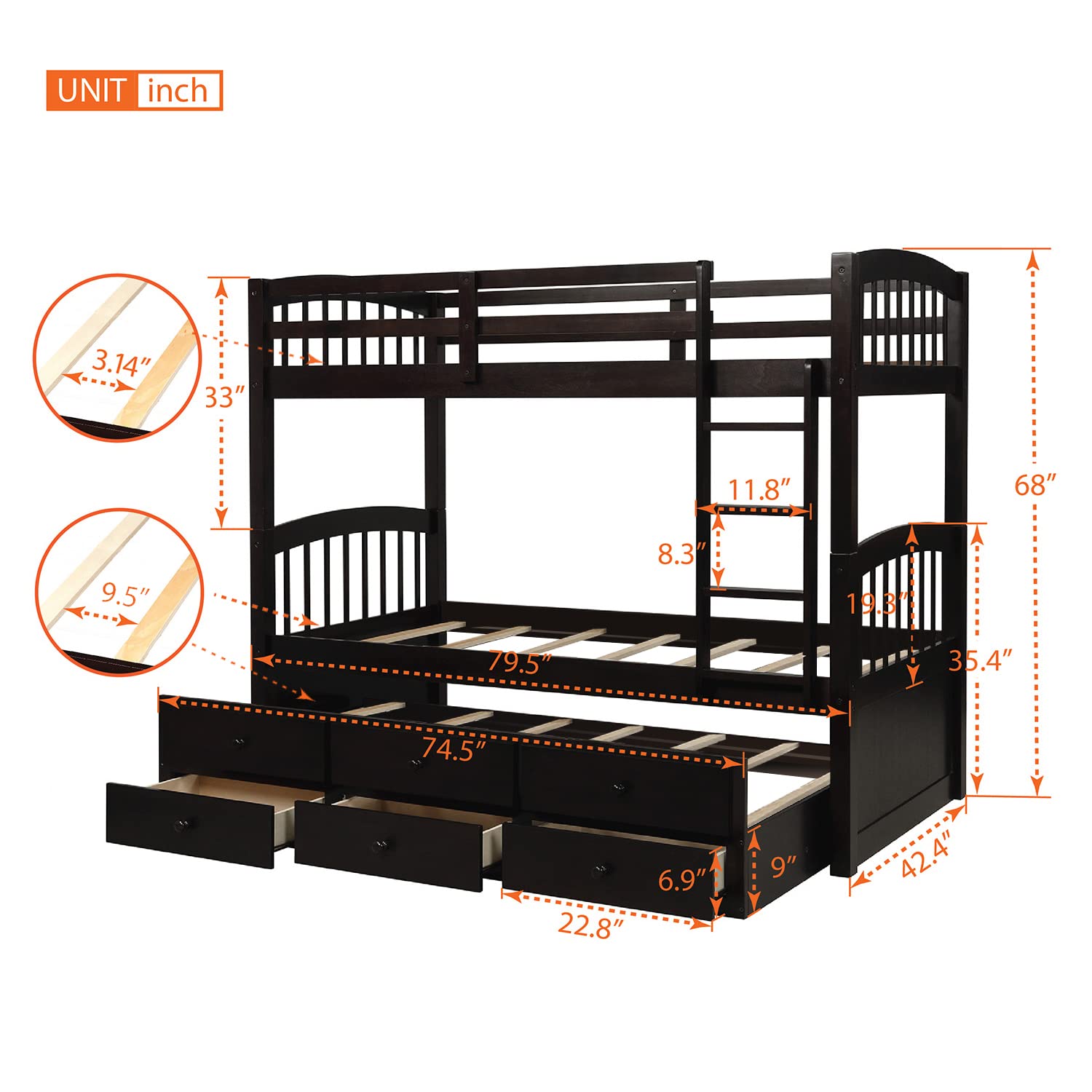 Merax Twin Bunk Bed with Ladder, Safety Rail, Twin Trundle Bed with 3 Drawers for Teens Bedroom, Guest Room Furniture(Espresso)