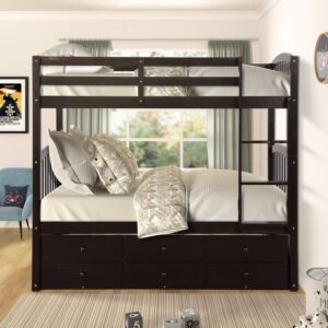 Merax Twin Bunk Bed with Ladder, Safety Rail, Twin Trundle Bed with 3 Drawers for Teens Bedroom, Guest Room Furniture(Espresso)