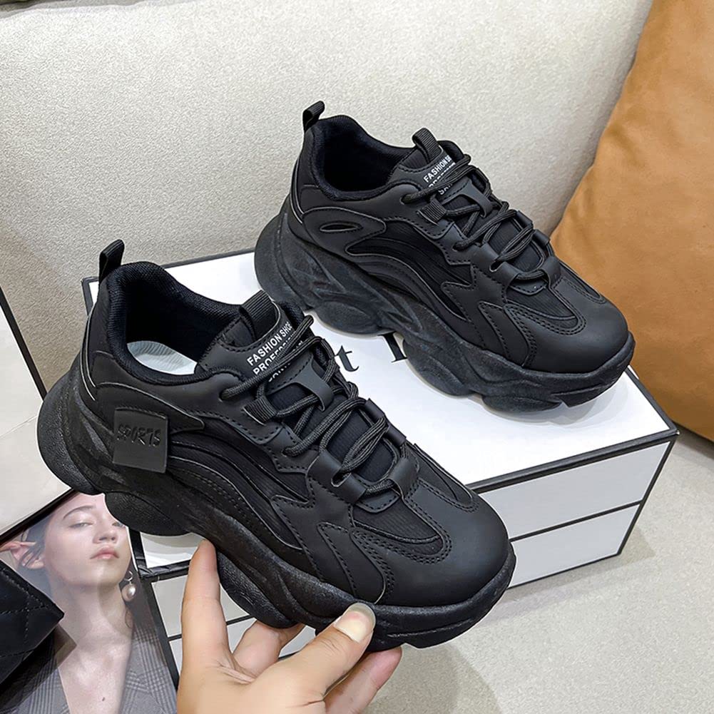 YAXE Women’s Platform Low Top Lace-up Chunky Walking Sneaker Size 8.5 Black