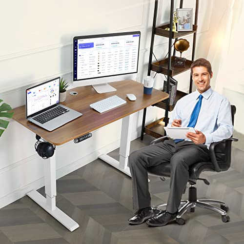 SIHANM Standing Desk Adjustable Height, 55in Rising Desks for Home Office with 2 USB Ports & 3 Power Outlets, and 6.5 ft Power Cord, Sit to Stand Desk with Double Crossbeam Structure, Walnut