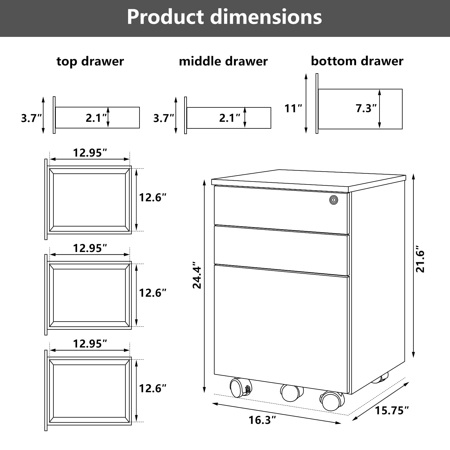 TOPSKY 3 Drawers Wood Mobile File Cabinet Fully Assembled Except Castors (Oak, 16.3x15.7x24.4)