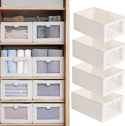 BDZBREN 4Pack Linen Storage Bins，Storage Containers for Organizing Clothing, Jeans, Toys, Shelves, Closet, Wardrobe - Closet Organizers and Storage，Foldable Large Storage Boxes Baskets with Window