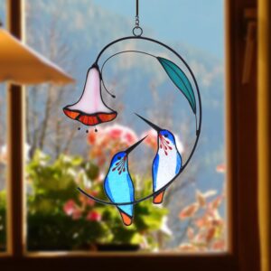 Lolitarcrafts Hummingbird with Flower Stained Glass Suncatcher Bird Stained Glass Window Hangings Hummingbird Gift for Home Decor (Blue 1 Pair)