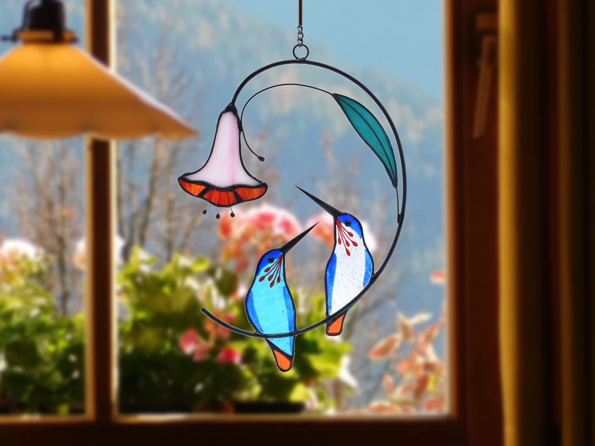 Lolitarcrafts Hummingbird with Flower Stained Glass Suncatcher Bird Stained Glass Window Hangings Hummingbird Gift for Home Decor (Blue 1 Pair)