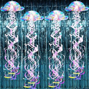 6 pcs under sea mermaid party decoration, include glitter iridescent jellyfish decor, light blue metallic tinsel foil fringe curtains backdrop for ocean theme birthday party