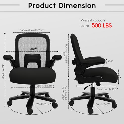 Ollega Big and Tall Office Chair 500lbs, Ergonomic Office Chair with Adjustable Lumbar Support, Heavy Duty Mesh Desk Chair Wide Seat, Black Oversized Computer Chairs for Heavy People