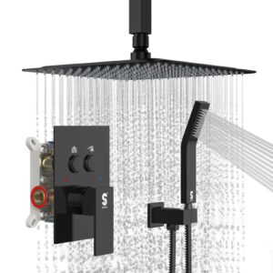 sr sun rise ceiling mounted shower system with push button diverter, luxury 12 inch rain shower head with handheld spray, high pressure shower faucet combo set with rough-in valve, matte black