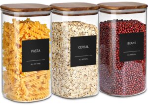 gmisun pantry storage container, 50oz airtight glass food storage jars with wooden lids, cereal and pasta storage containers for pantry, 3 pack clear square glass kitchen canisters for flour, rice