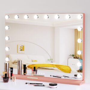lowixi vanity mirror with lights for girl gift 32"x24",makeup mirror with 18 hollywood bulbs 3 colors setting,smart control usb charging port,aluminum frame,white