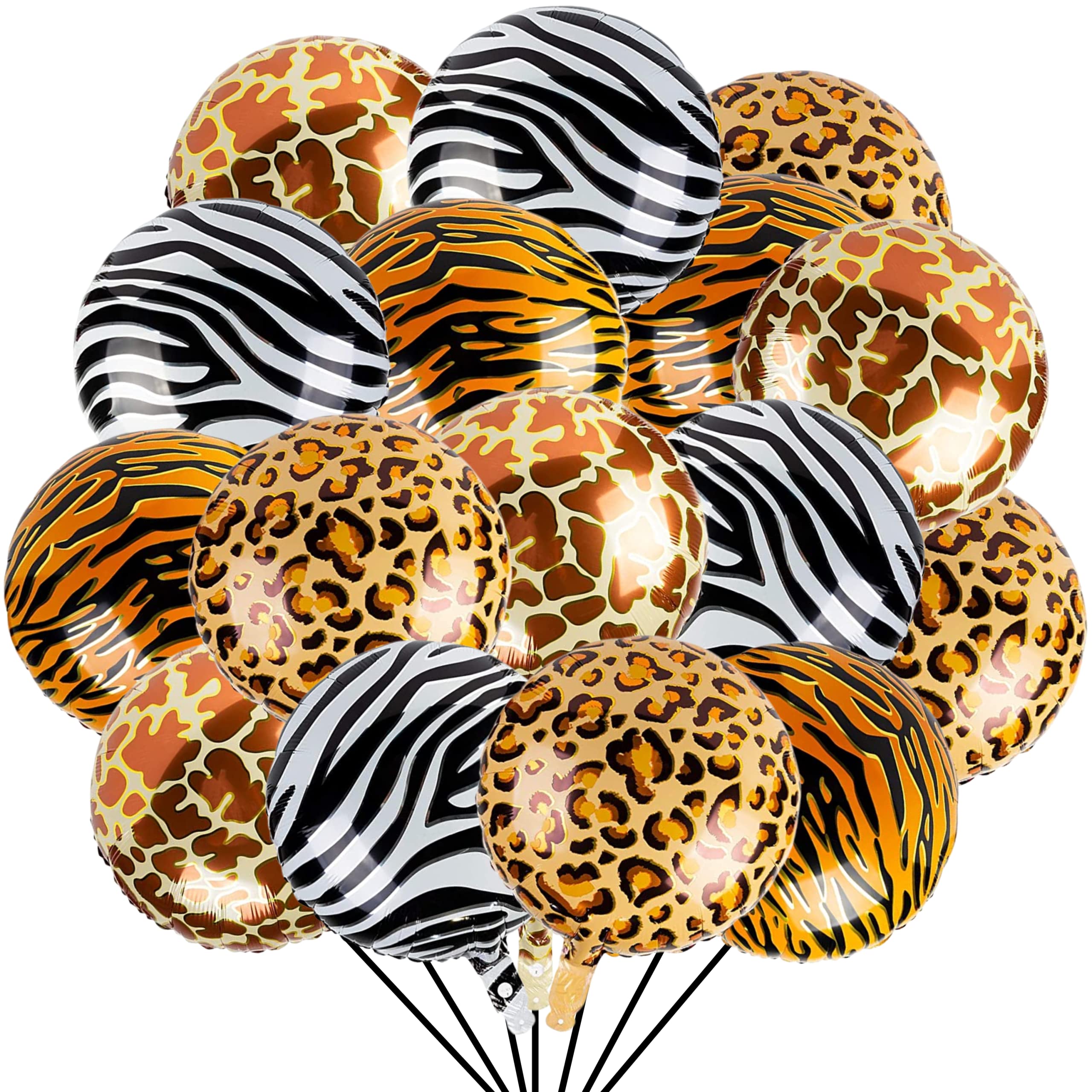 16PCS Animal Pattern Balloons 18 Inch Balloon Foil Wildlife Print Round Mylar Aluminum Balloons Giraffe Tiger Zebra Leopard Print Balloons for Zoo Safari Jungle Theme Birthday Decorations