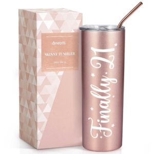 onebttl 21st birthday gifts for women, girl, her - finally 21-20oz/590ml stainless steel insulated tumbler with straw, lid, message card - (rose gold)