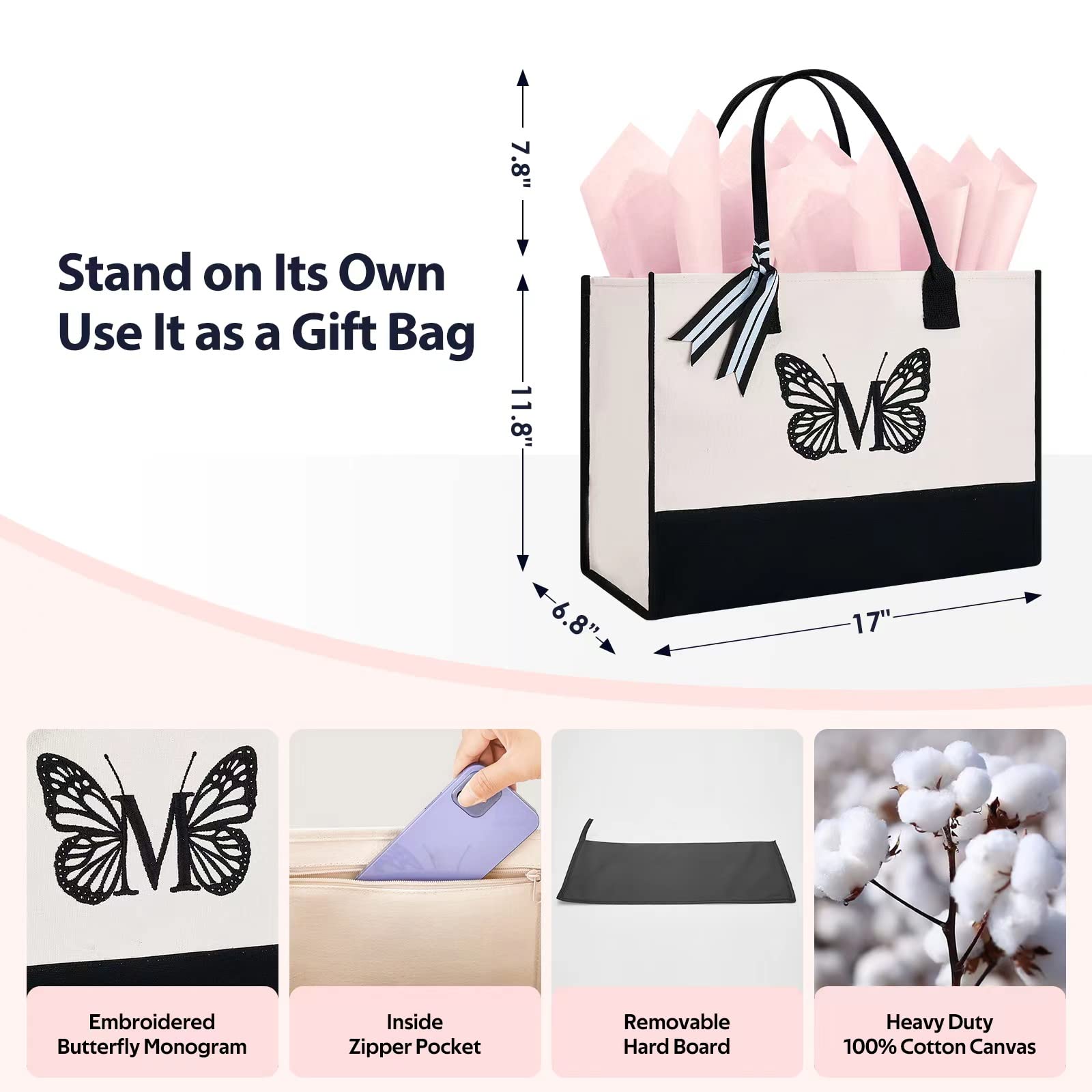 Gifts for Women, Unique Embroidery Personalized Initial Canvas Tote Bag, Gift Ideas, Womens Birthday Beach Christmas Butterfly Gifts for Her Mom Woman Sister Teacher Best Friend Female, Letter M