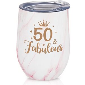 liqcool 50 birthday gifts for women, gifts for women turning 50, 50 birthday gifts for mom aunt grandma sister friends coworkers, 50 and fabulous 12oz wine tumbler