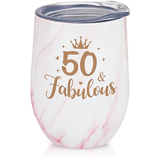 LiqCool 50 Birthday Gifts for Women, Gifts for Women Turning 50, 50 Birthday Gifts for Mom Aunt Grandma Sister Friends Coworkers, 50 and Fabulous 12oz Wine Tumbler