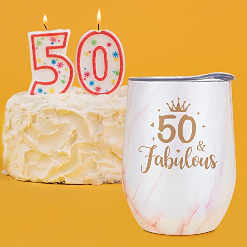 LiqCool 50 Birthday Gifts for Women, Gifts for Women Turning 50, 50 Birthday Gifts for Mom Aunt Grandma Sister Friends Coworkers, 50 and Fabulous 12oz Wine Tumbler