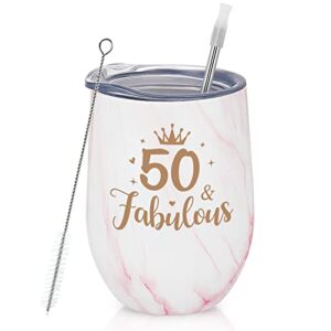 LiqCool 50 Birthday Gifts for Women, Gifts for Women Turning 50, 50 Birthday Gifts for Mom Aunt Grandma Sister Friends Coworkers, 50 and Fabulous 12oz Wine Tumbler