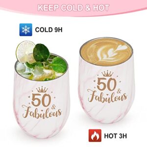 LiqCool 50 Birthday Gifts for Women, Gifts for Women Turning 50, 50 Birthday Gifts for Mom Aunt Grandma Sister Friends Coworkers, 50 and Fabulous 12oz Wine Tumbler