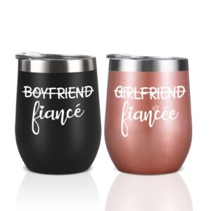 liqcool engagement gifts for couples, fiance gifts for him her, newly engaged gifts for couple, cool engagement gifts, 12oz wine tumbler for fiance fiancee boyfriend girlfriend, black and rose gold