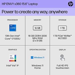 HP Envy x360 15 inch Laptop, FHD Display, Intel Core i7-1355U, 16 GB RAM, 1 TB SSD, Intel Iris Xe Graphics, Windows 11 Home, 15-ew1199nr (2023),Silver