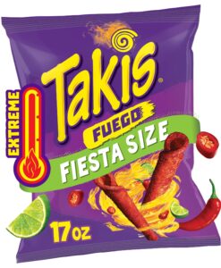 takis fuego 17 oz fiesta size bag, hot chili pepper & lime flavored extreme spicy rolled tortilla chips