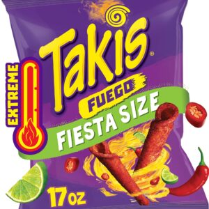 Takis Fuego 17 oz Fiesta Size Bag, Hot Chili Pepper & Lime Flavored Extreme Spicy Rolled Tortilla Chips