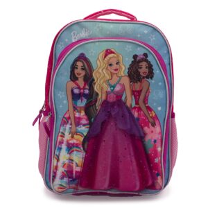 barbie & friends cosplay backpack, girls bookbag with adjustable shoulder straps & padded back, 16” school bag w/3d skirt and metallic fabric tiara.