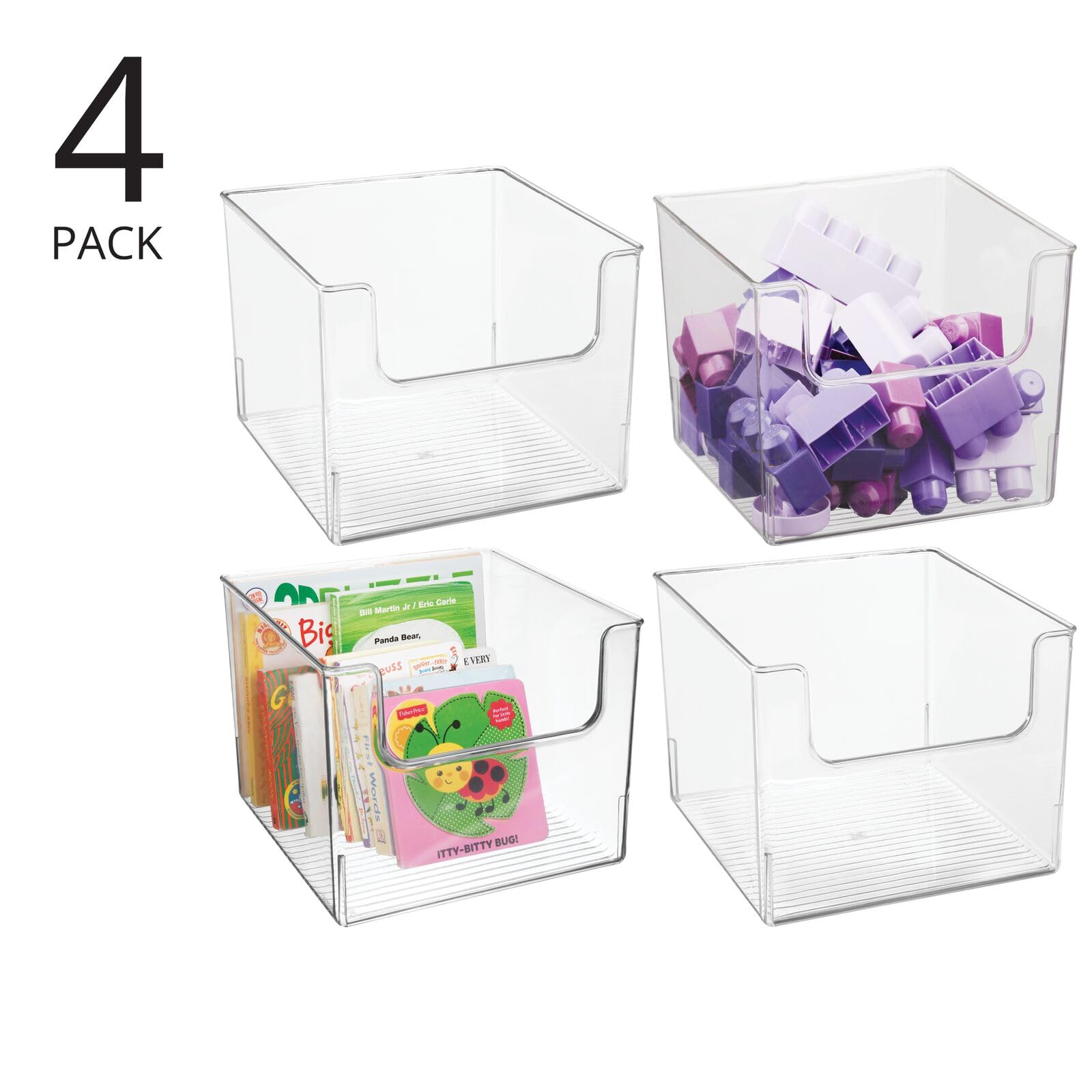 mDesign Plastic Toy Storage Bin Box Container with Front Dip for Easy Access - Organize Games/Accessories in Kids Playroom, Closet, Cabinets, Shelves, Ligne Collection, 4 Pack, Clear