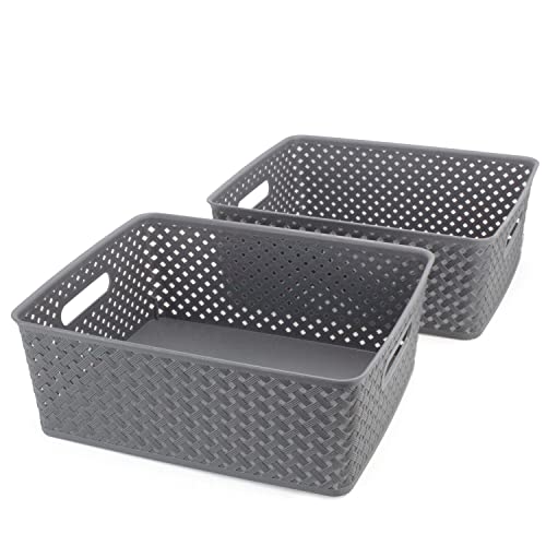 BROOKSTONE, 2 Pack Large Storage Baskets with Handles, Decorative Woven Pattern, Versatile and Stylish Organizers for Home, BPA Free Plastic Bins