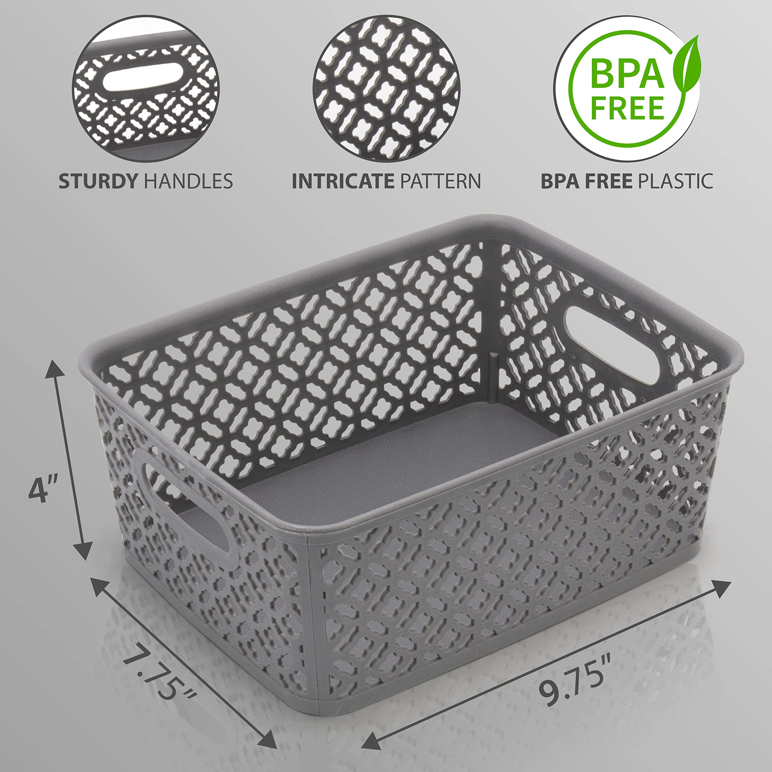 BROOKSTONE, 6 Pack Small Storage Baskets with Handles, Decorative Woven Pattern, Versatile and Stylish Organizers for Home, BPA Free Plastic Bins