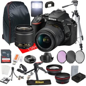 nikon d5600 dslr camera kit with 18-55mm vr lens+ 64gb memory + back pack case + tripod, lenses, filters, & more (28pc bundle) (renewed)