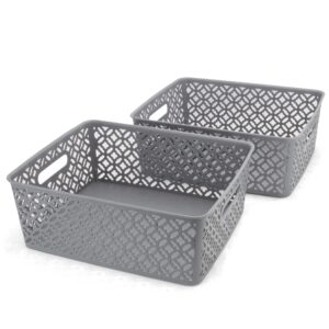 brookstone - 2 pack large storage baskets with handles, decorative woven pattern, versatile and stylish organizers for home, bpa free plastic bins