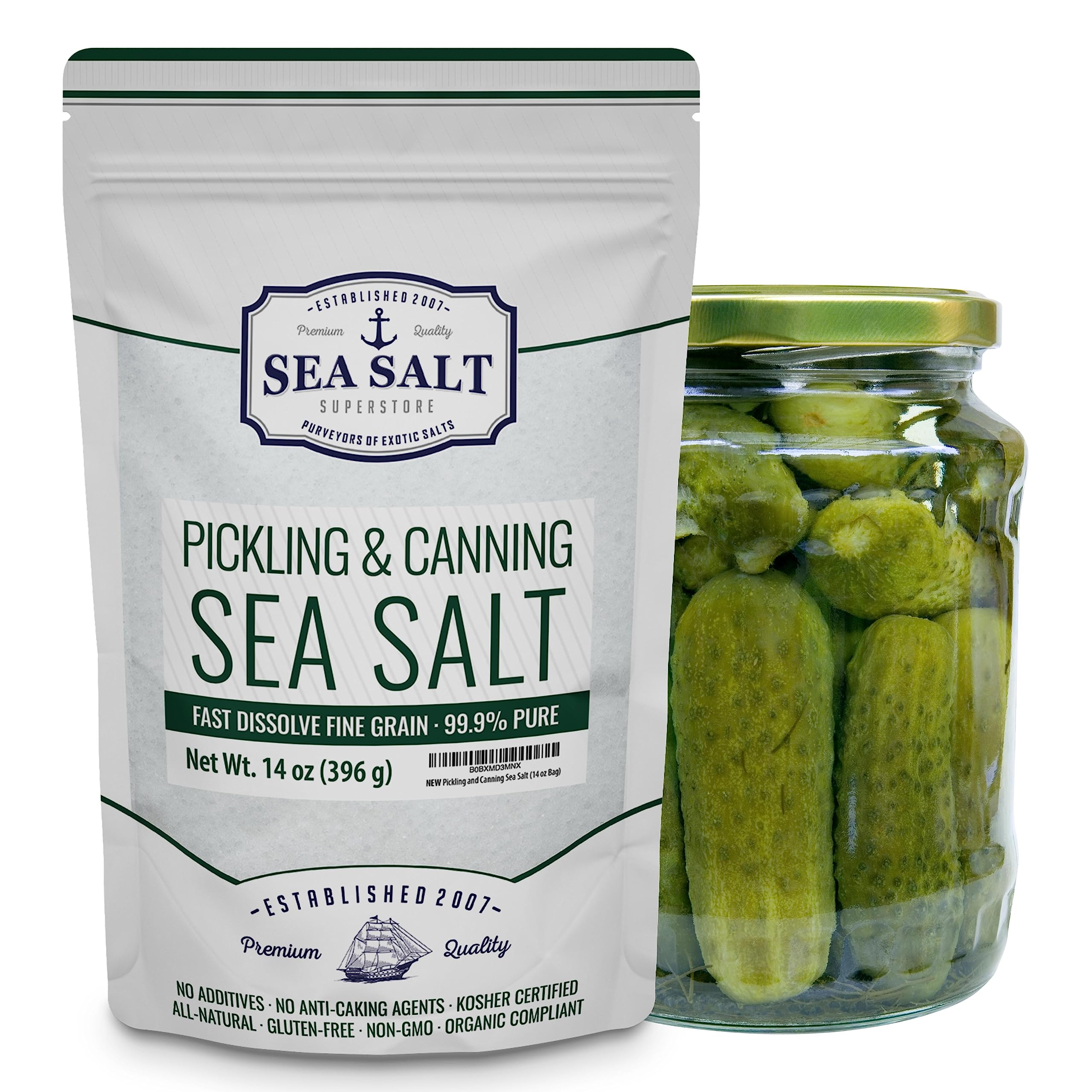 Pickling and Canning Salt, Curing Salt for Natural Preserving, Non-Iodized and Kosher Fine Brining Sea Salt, 14 oz Bag - Sea Salt Superstore