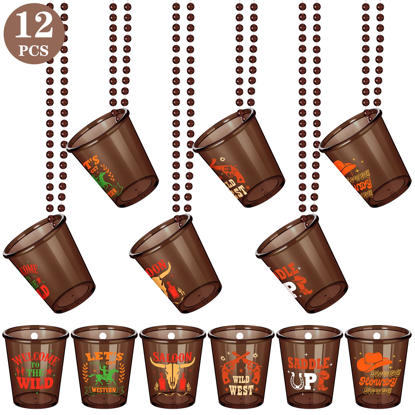 Yinkin 12 Pcs Cowboy Shot Glasses Necklace Western Themed Party Decorations Shot Glasses on Beaded Necklace Plastic Cowboy Props for Adults and Teens Festival Party Supplies, 6 Styles