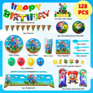 Mario Birthday Party Supplies,123pcs Mario Birthday Party Decorations&Tableware, Super Mario Balloons Banner&Mario Party Plates and Napkins Tablecloth etc Super Mario Party Supplies for Boys