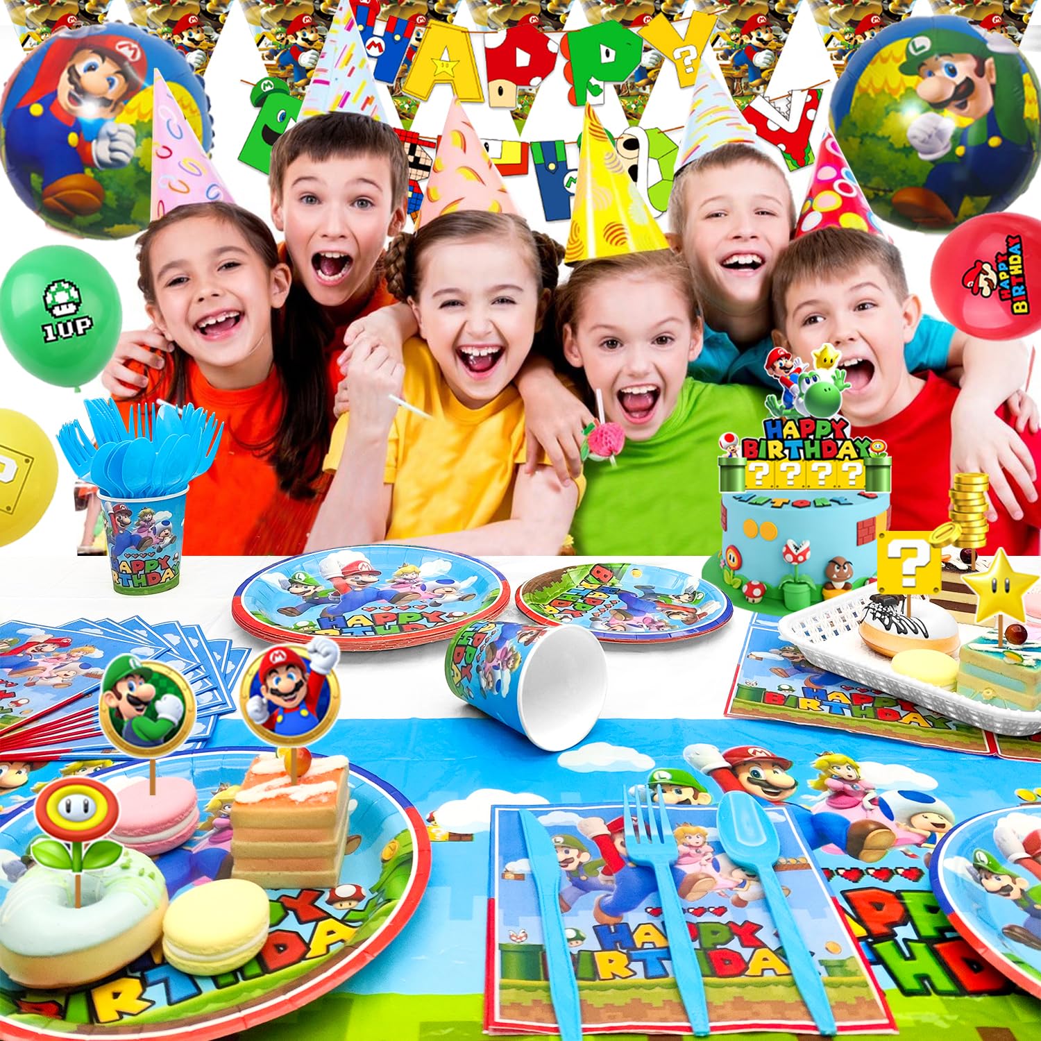 Mario Birthday Party Supplies,123pcs Mario Birthday Party Decorations&Tableware, Super Mario Balloons Banner&Mario Party Plates and Napkins Tablecloth etc Super Mario Party Supplies for Boys