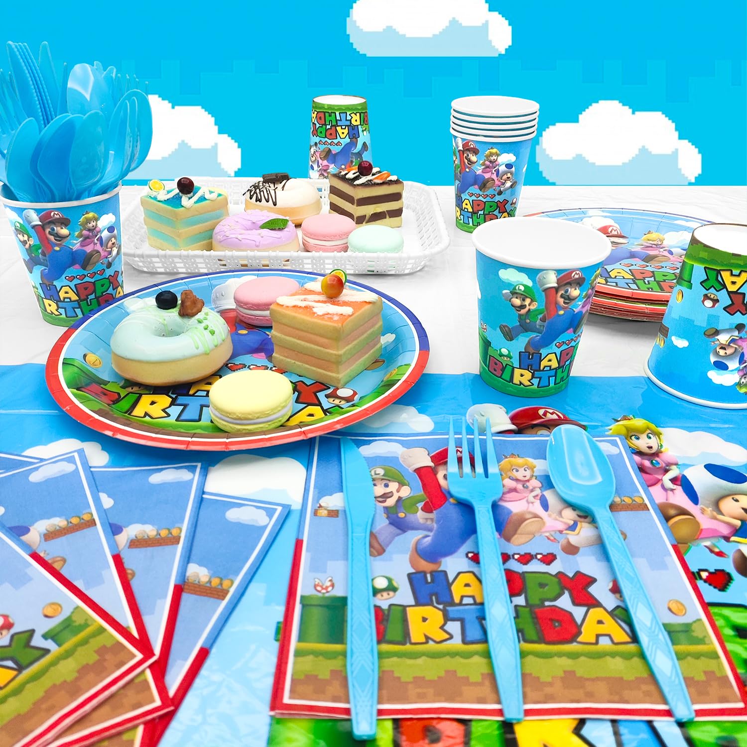 Mario Birthday Party Supplies,123pcs Mario Birthday Party Decorations&Tableware, Super Mario Balloons Banner&Mario Party Plates and Napkins Tablecloth etc Super Mario Party Supplies for Boys