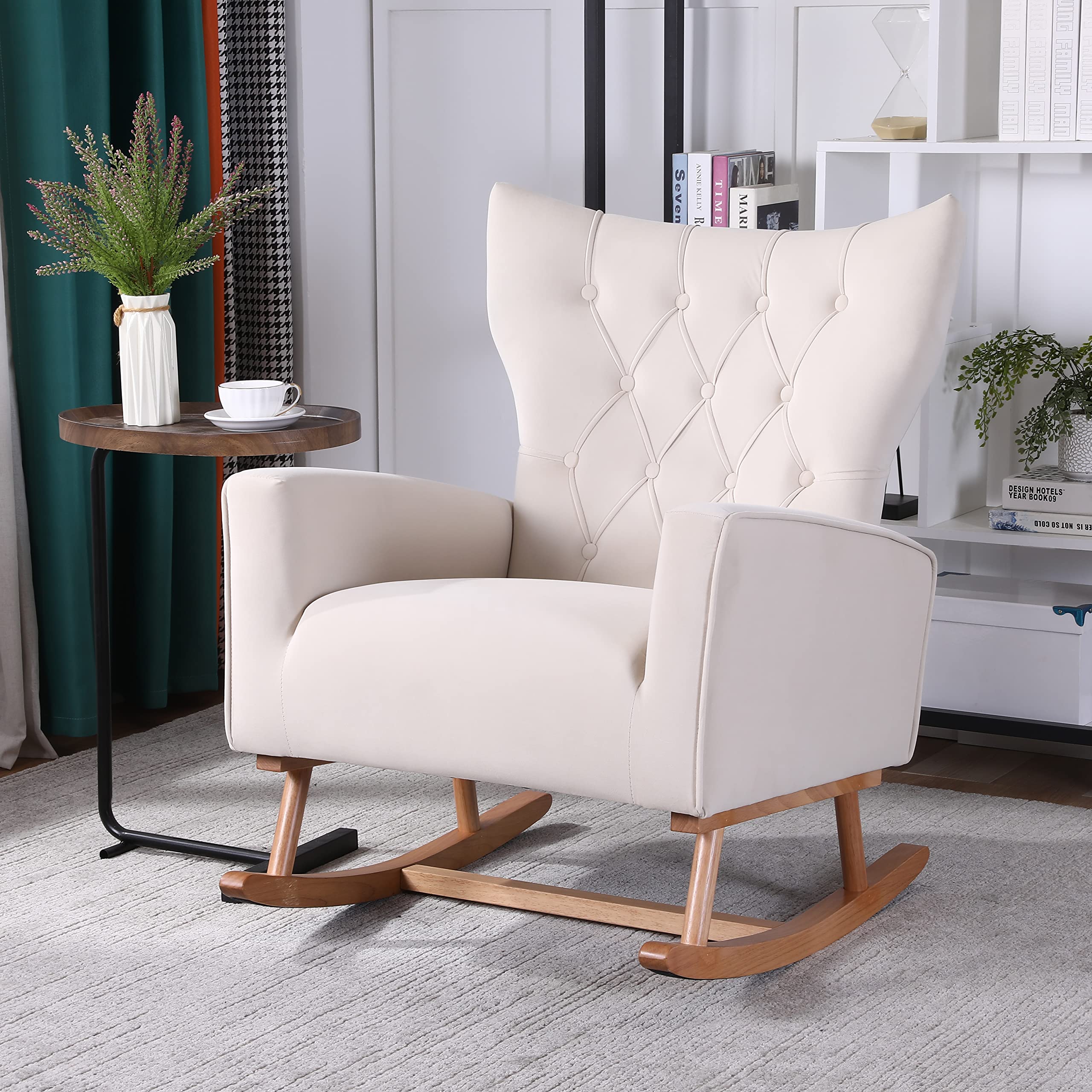 OUYESSIR Rocking Chair Nursery, Upholstered High-Back Glider Chair, Comfortable Rocker Fabric Padded Seat, Modern Leisure Single Accent Arm Chair for Living Room, Hotel, Bedroom (Beige)