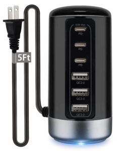universal usb & usb c tower fast charging station 6-port 60w - compact, space-saving design with multiple usb & usb-c ports for all iphone galaxy note pixel ipad multiple devices