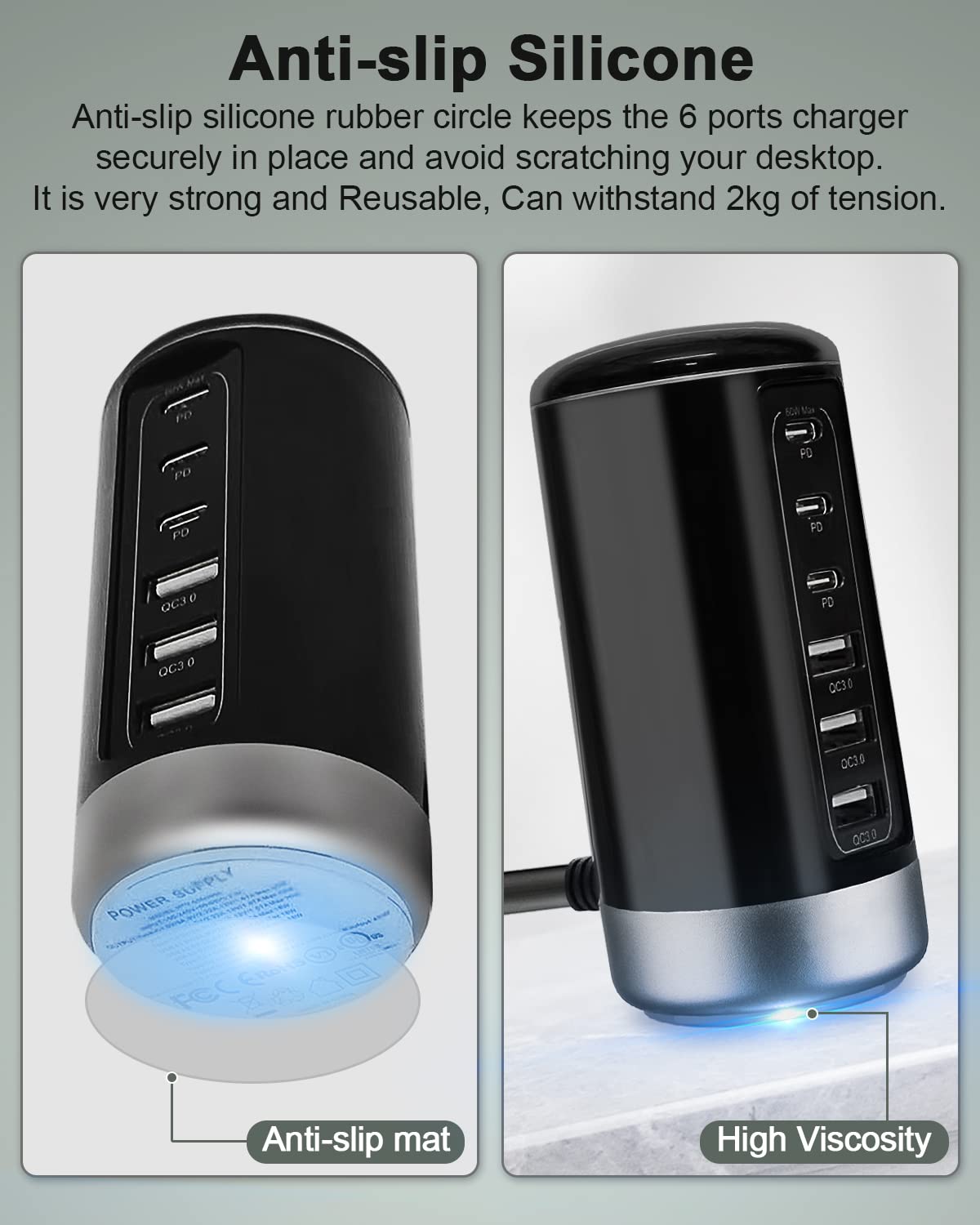 Universal USB & USB C Tower Fast Charging Station 6-Port 60W - Compact, Space-Saving Design with Multiple USB & USB-C Ports for All iPhone Galaxy Note Pixel iPad Multiple Devices