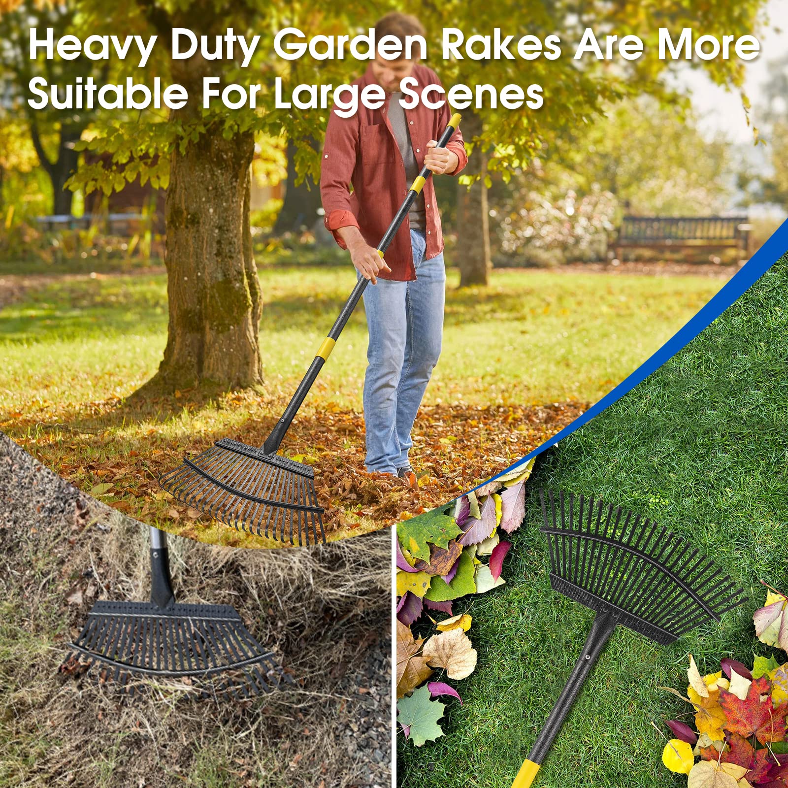 65 Inch Rake for Leaves, Rakes for Lawns Heavy Duty Hoe Lawns Leaf Lawn Leveling Rake Yard Tools for Picking up Leaves, Grass Clippings, Garbage with 25 Metal Tines Ergonomics Adjustable Handle