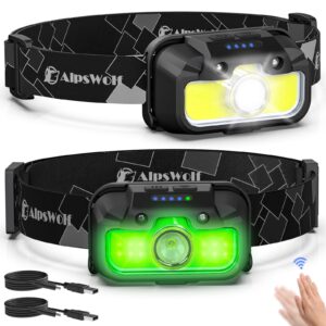 alpswolf headlamp rechargeable, 2 pack adjustable head lamp, 7 lighting modes headlight for adults and kids, led headlamp with motion sensor, headlamp flashlights for outdoor camping, hiking, cycling