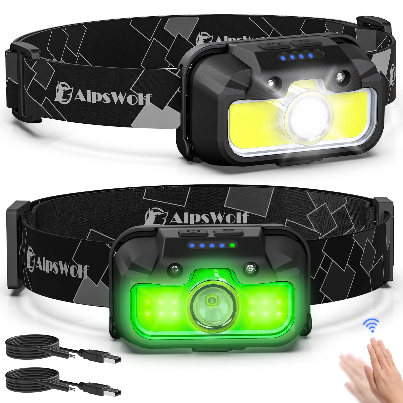 AlpsWolf Headlamp Rechargeable, 2 Pack Adjustable Head Lamp, 7 Lighting Modes Headlight for Adults and Kids, LED Headlamp with Motion Sensor, Headlamp Flashlights for Outdoor Camping, Hiking, Cycling